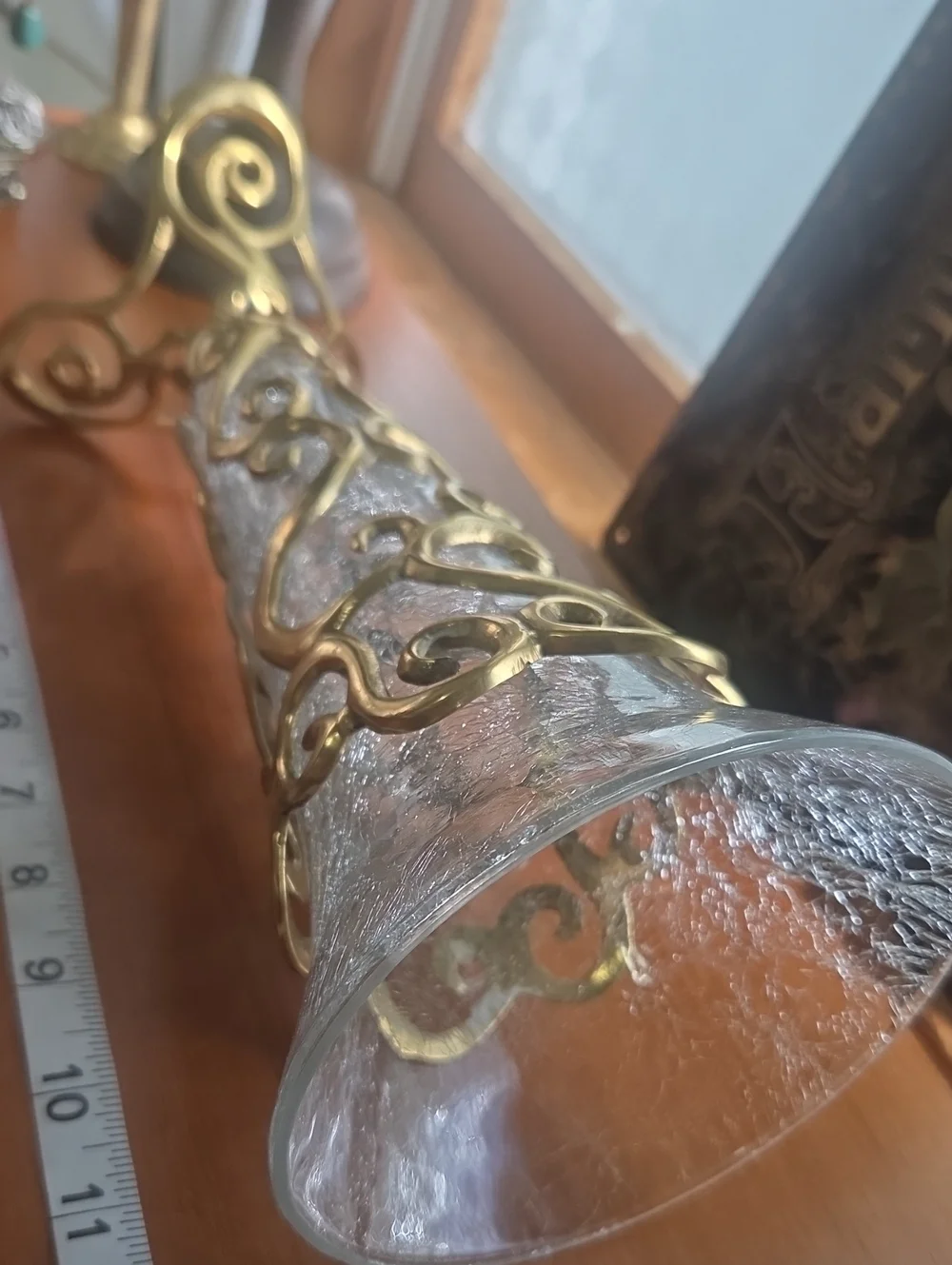 Vintsged 80s ,90s Decorative Crackle Glass Vase with Gold Metal Filigree
